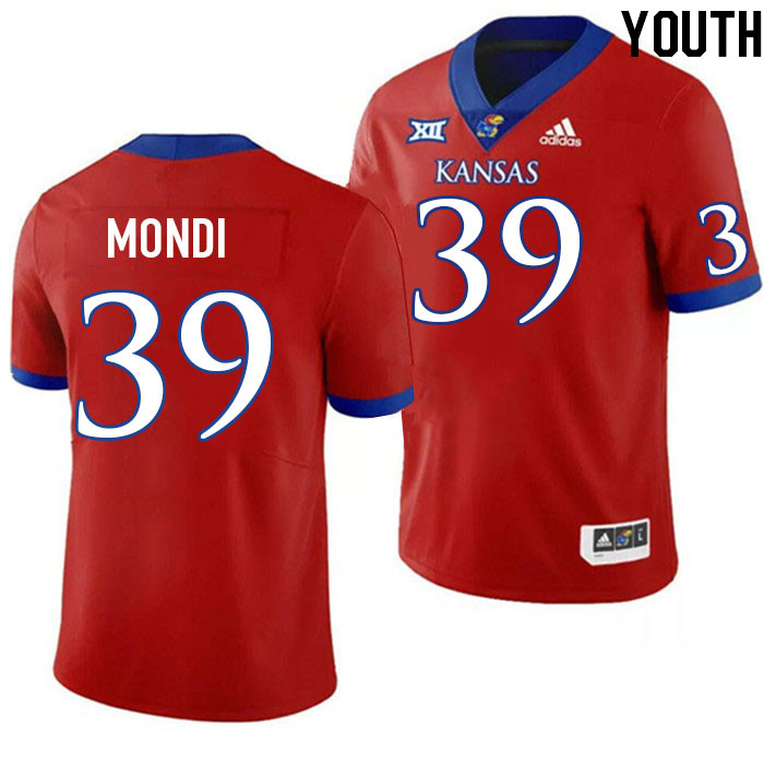 Youth #39 Cole Mondi Kansas Jayhawks College Football Jerseys Stitched Sale-Red